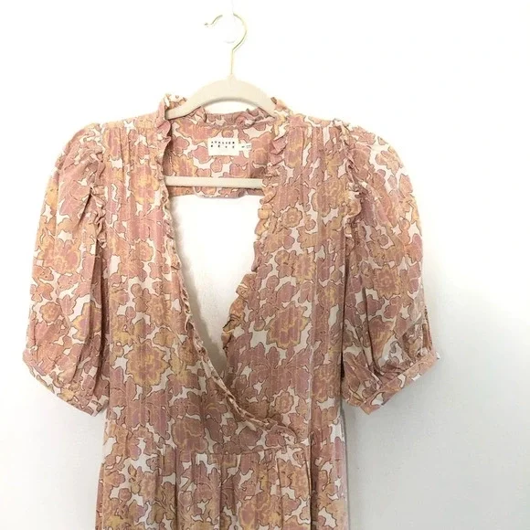 Atelier Rêve Floral Faux Wrap Puff Sleeve Midi Dress Small - Picture 8 of 14